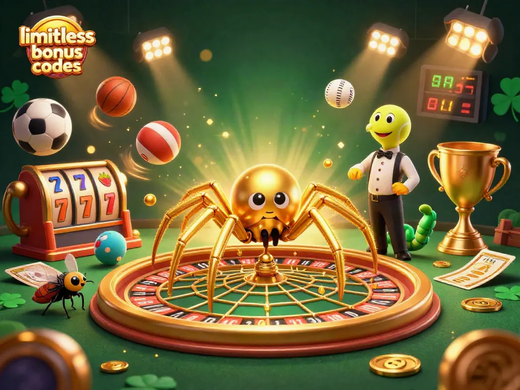 Engage with limitless casino bonus codes illustrated with a golden spider web roulette and a centipede croupier in 3D.