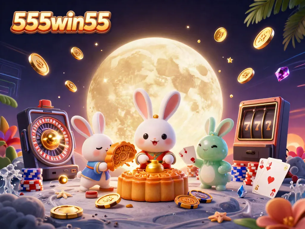 Experience the thrill of 555win55 with a vibrant 3D casino illustration featuring moon rabbits and poker elements.