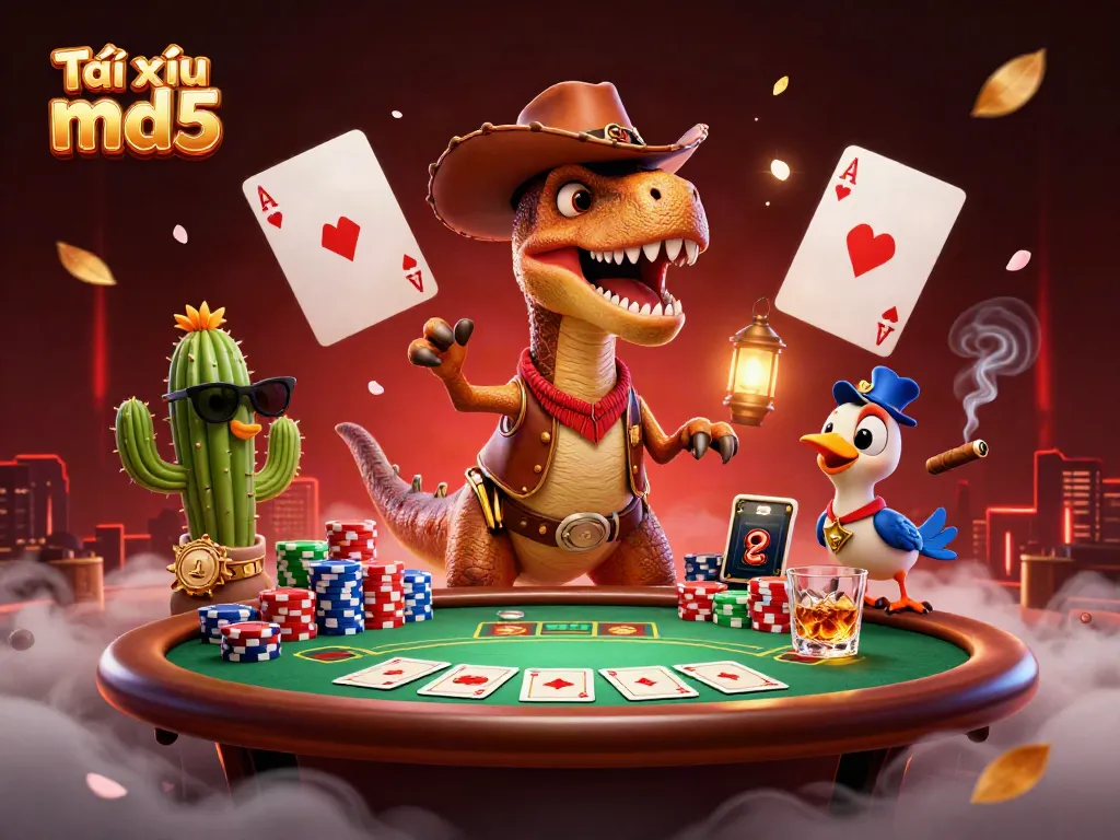 Engaging scene illustrating Tài xỉu md5 with a dinosaur, a cactus, and a bird in a dynamic poker setting.