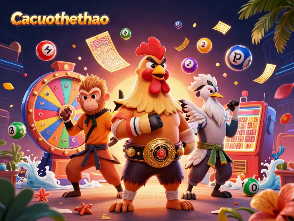 Engage with Cacuocthethao's dynamic Muay Thai rooster, monkey martial artist, and crane master amidst vibrant lottery elements.