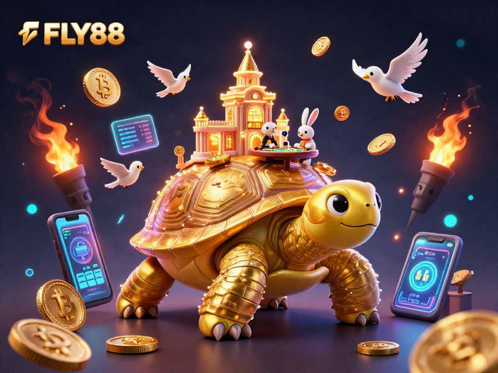Spin and win at FLY88 with vibrant casino scenes featuring cryptocurrency elements and golden characters.