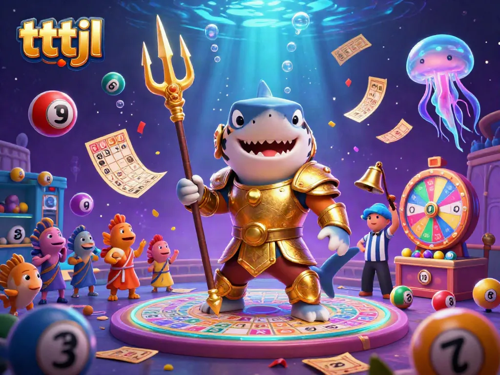 Engage in the thrilling underwater games of tttjl with a tiger shark gladiator and vibrant lottery balls.