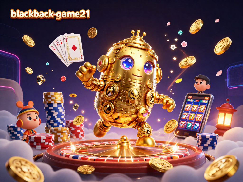 Experience the excitement of blackjack-game21 with stacked golden coin golems and dazzling game elements.