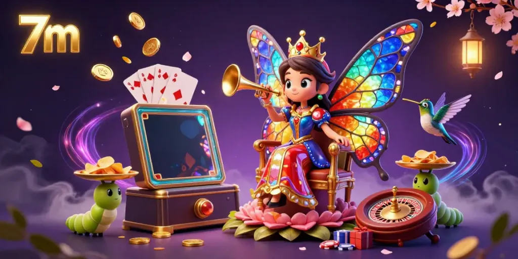 Engage with the vibrant scene showcasing the 7m butterfly queen in a lavish casino environment full of captivating gaming elements.