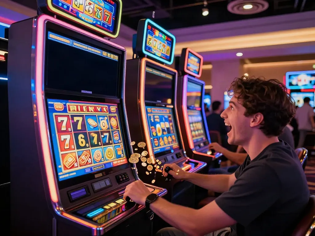 Player winning on a Lucky777 slot machine with vibrant casino ambiance.