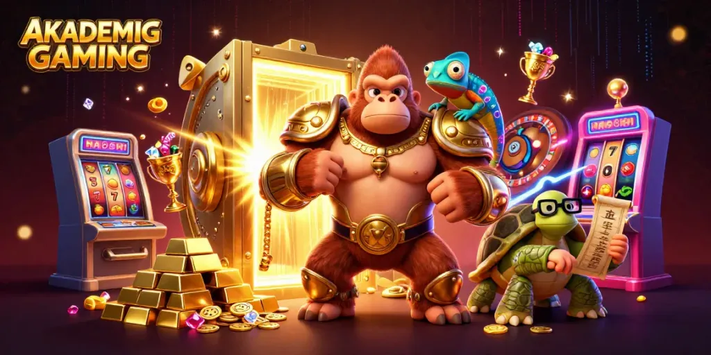 Engage with AKADEMIGAMING's vibrant gaming scene featuring a golden gorilla and chameleon.