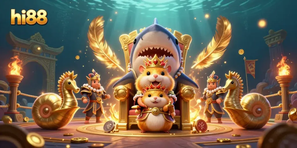 Experience thrilling hi88 casino action with a tiny golden hamster king and seahorse guards in an aquatic arena.
