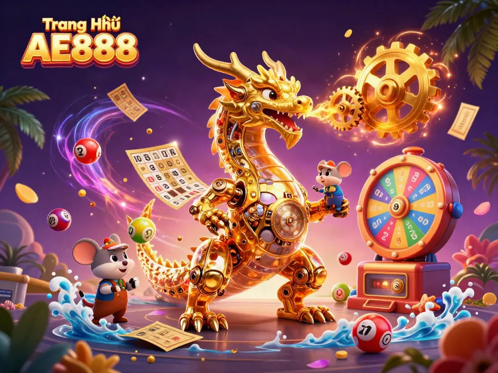 Experience the excitement of Trang Chủ AE888 with a vibrant dragon and dynamic casino elements.