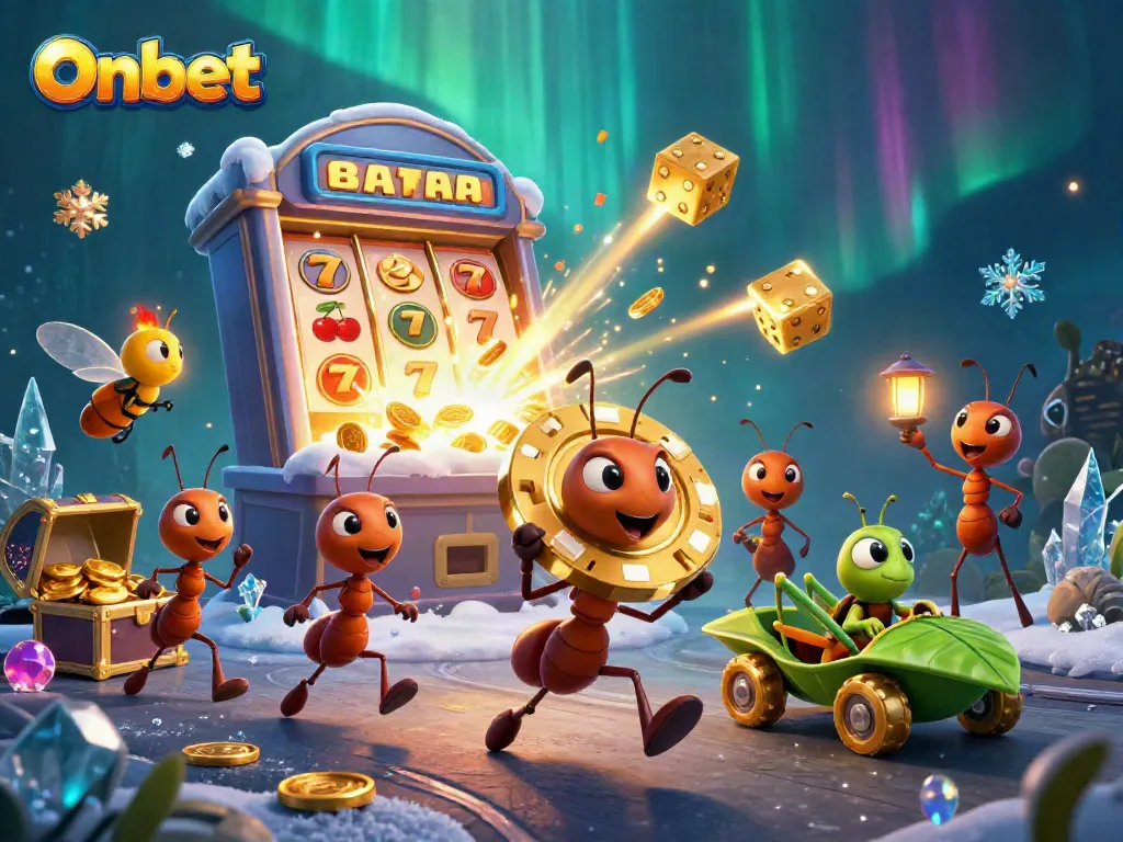 Experience the exciting world of Onbet with playful ants in a casino heist scenario.