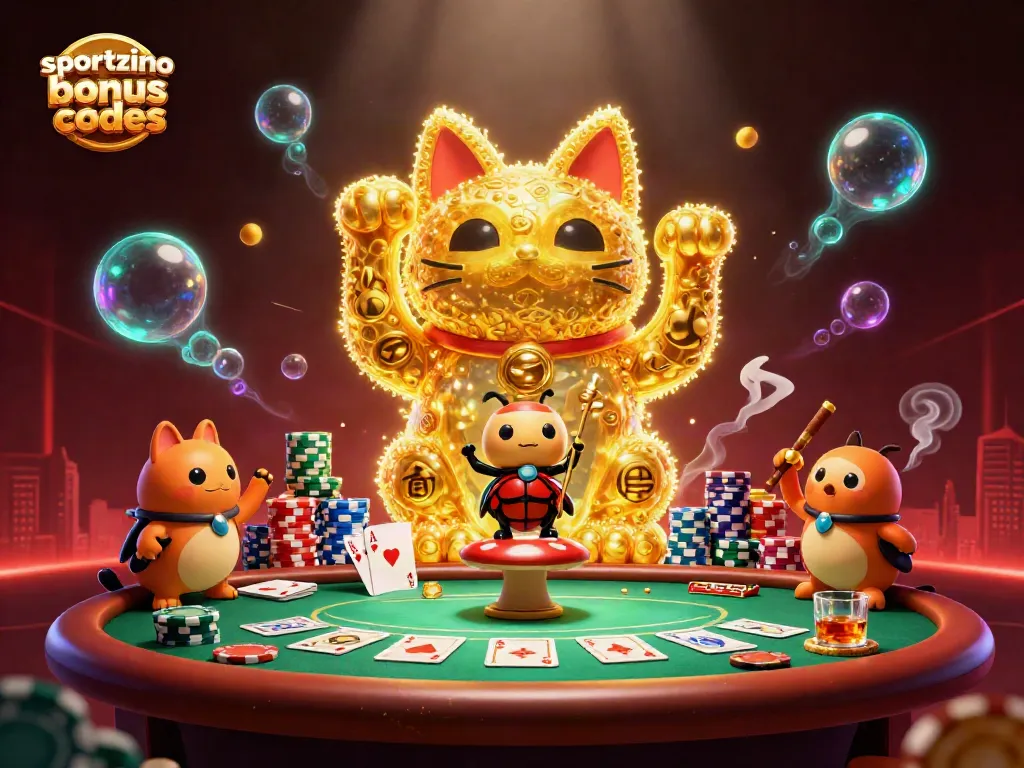 Play with sportzino bonus codes and discover a vibrant casino scene with a lucky cat and poker elements.