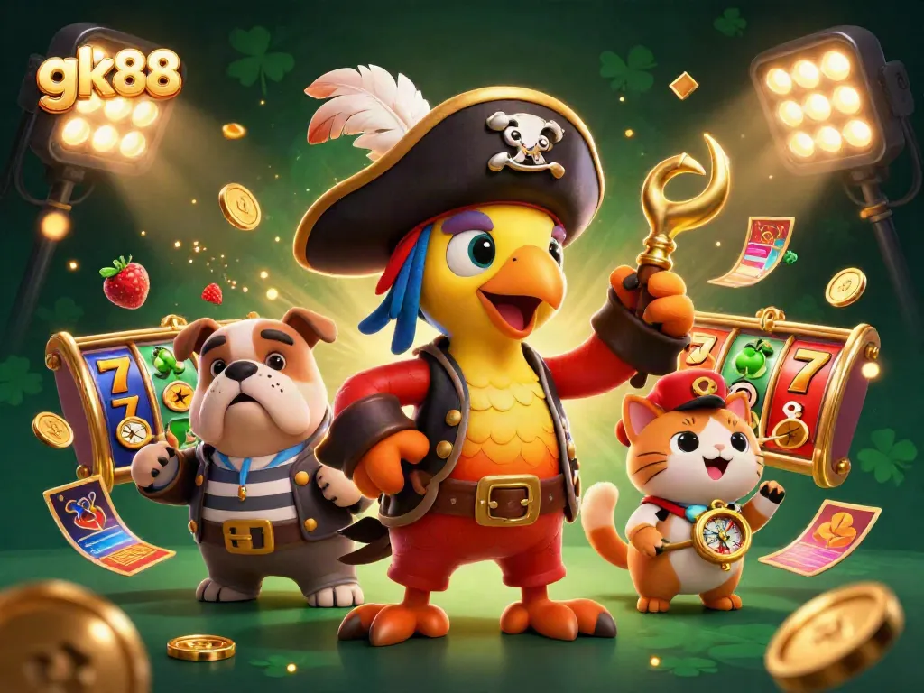 Experience excitement with gk88's vibrant casino-themed illustration showcasing dynamic gaming elements and lively characters.