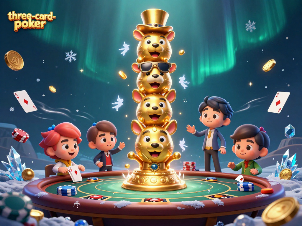 Engage in three-card-poker with vibrant 3D art featuring dynamic casino elements and totem characters.