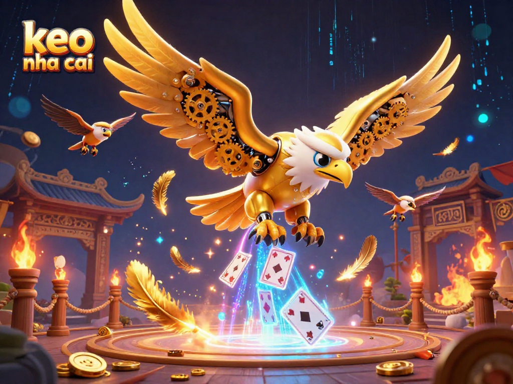 Betting on keo nha cai with a dynamic scene of a golden eagle engaging into action amidst holographic cards.