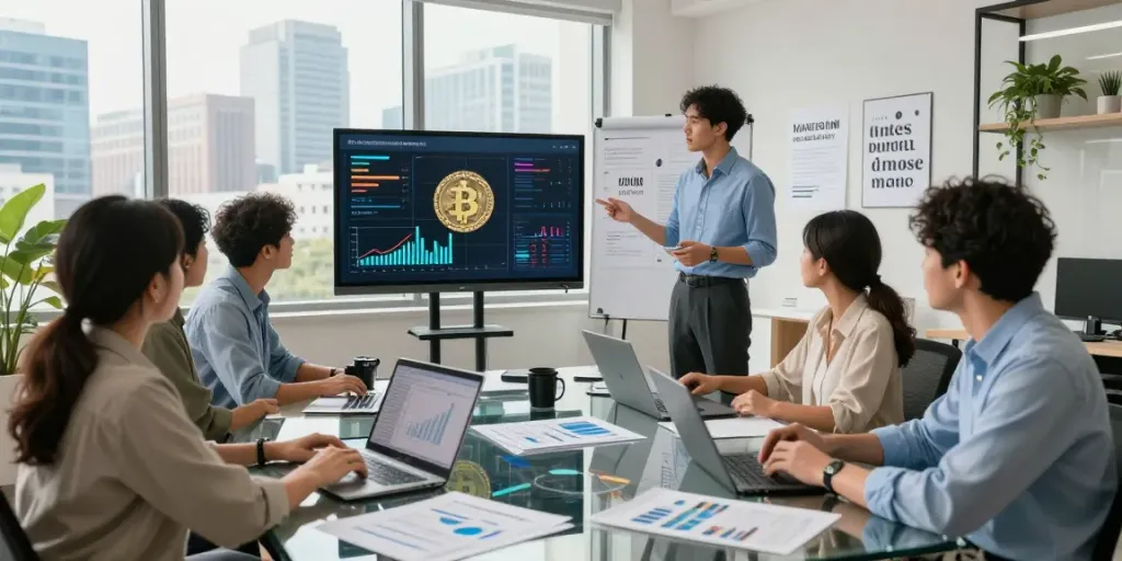 Wawasan kripto dan finansial di ruang kerja BINTANG77, menampilkan analisis kolaboratif dengan grafik dan dokumen terkait.