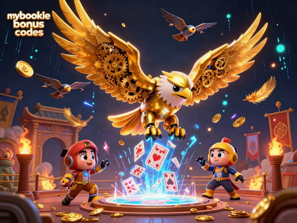 Experience exciting mybookie bonus codes with a vibrant 3D casino illustration of cybernetic eagles.