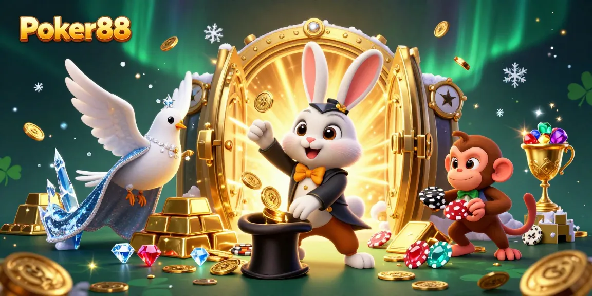 Experience Poker88's playful magic with a rabbit, dove, and monkey amidst treasure and poker chips.