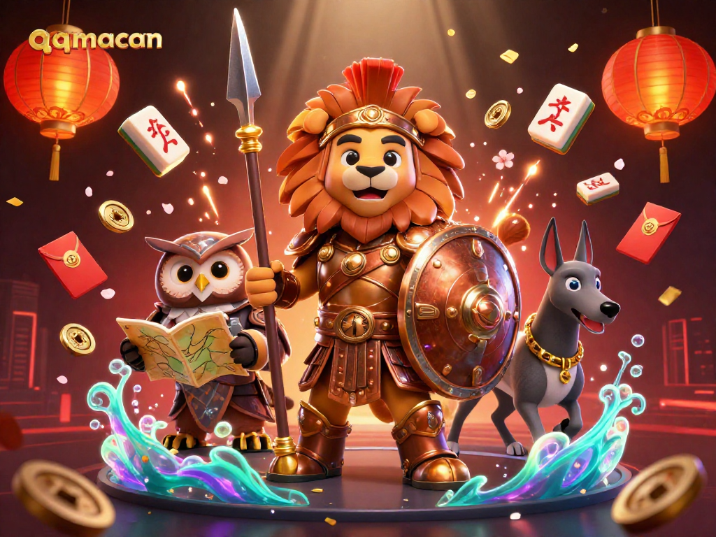 Engage in thrilling gambling experiences at qqmacan with iconic gaming elements in a vibrant 3D scene.