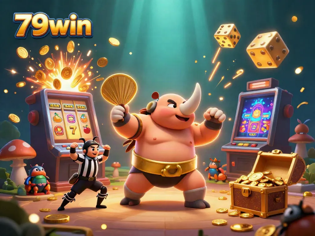 Experience excitement at 79win with a sumo beetle and golden coins flying in this vibrant casino scene.