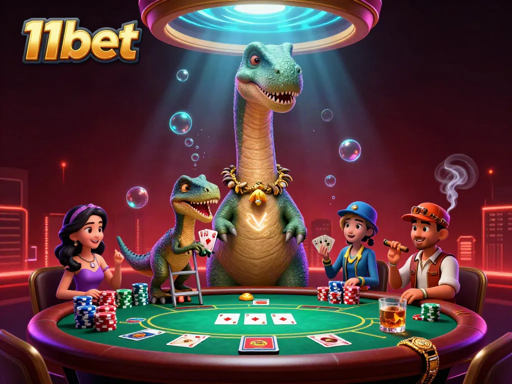 Experience poker gameplay with 11bet at an exciting casino scene featuring dynamic characters and vibrant elements.