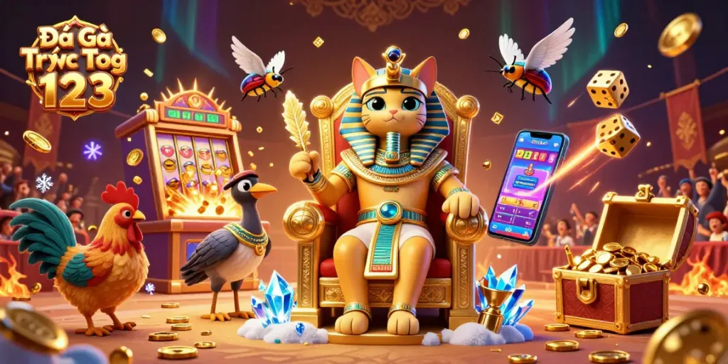 Experience the excitement of Đá Gà Trực Tiếp 123 with 3D illustrated cockfighting action and vibrant casino elements.