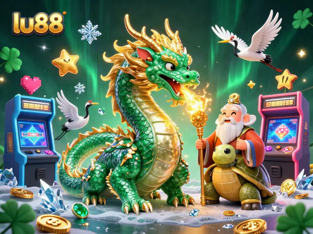 Engage with the thrilling world of lu88 through a vibrant 3D casino illustration featuring legendary creatures.