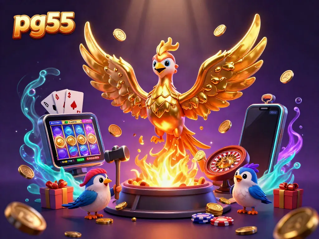 Experience pg55's thrilling games as the molten phoenix transforms into gold coins amidst vibrant casino elements.
