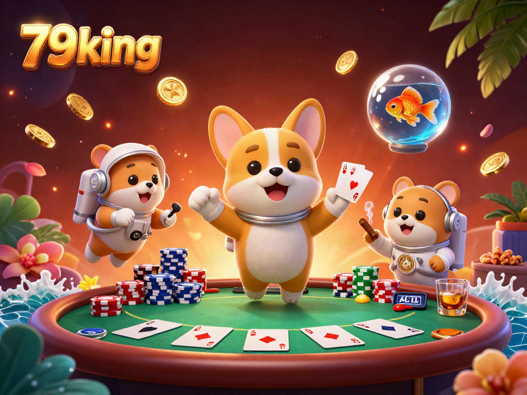 Experience the thrill of 79king with an astronaut corgi navigating a space casino.