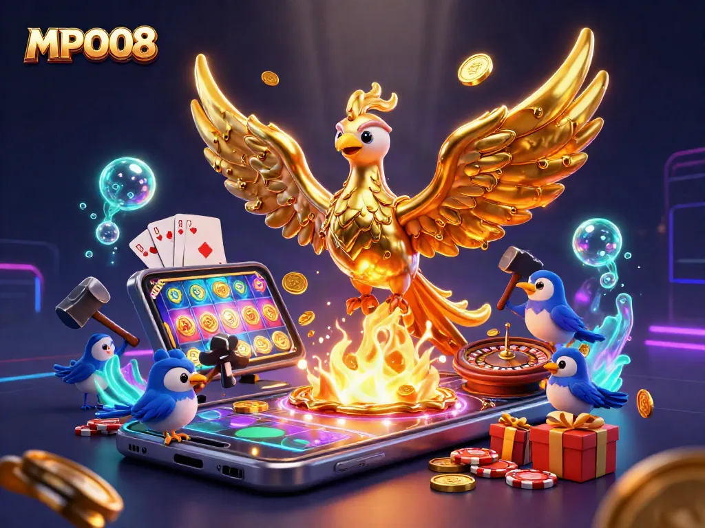 MPO08 showcases elite gaming with a molten phoenix and dynamic slot elements, perfect for casino enthusiasts.