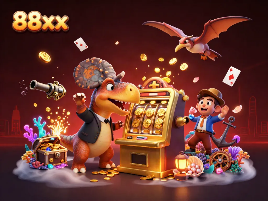 Experience the exciting world of 88xx as cartoon dinosaurs interact with a vibrant casino scene filled with jackpots and treasures.