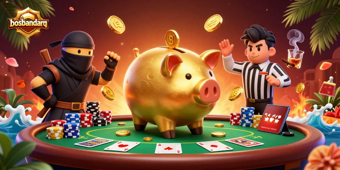 Bosbandarq showcases a golden piggy bank sumo wrestler surrounded by poker elements and vibrant decorations in a dynamic casino scene.