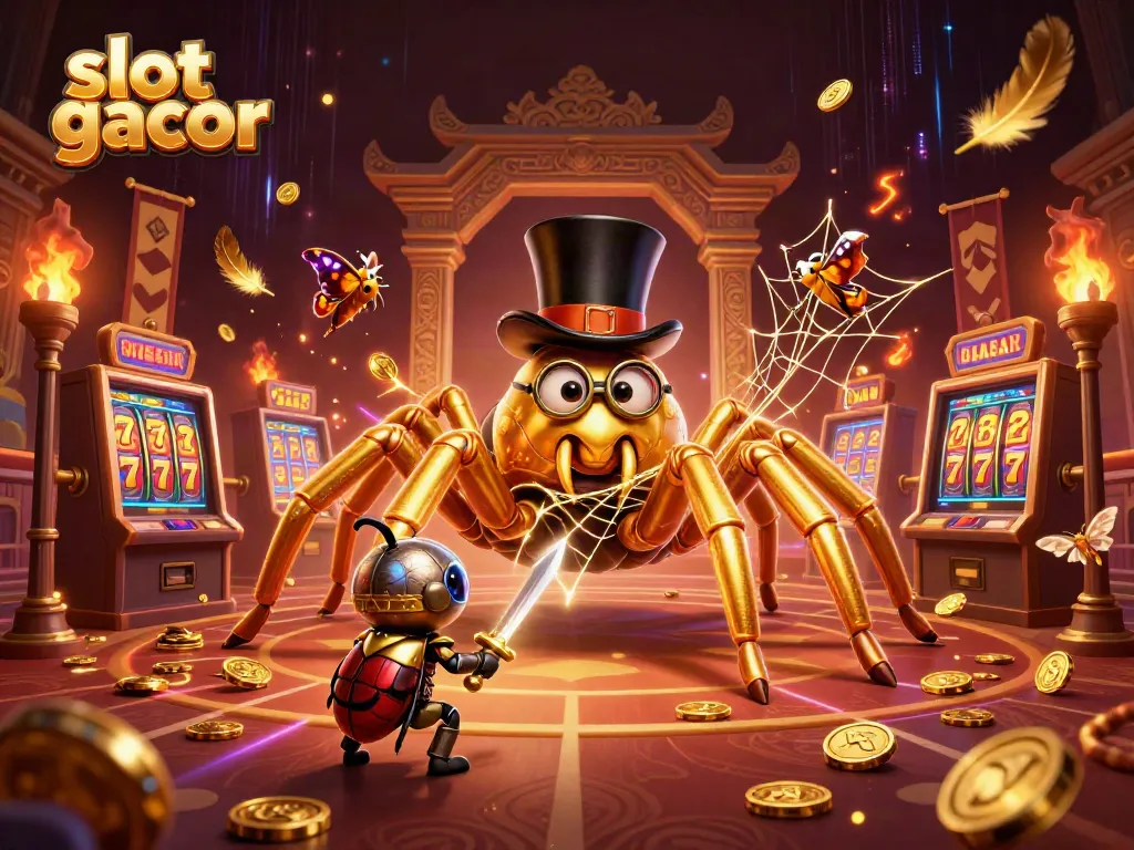 Slot gacor menampilkan tarantula emas dan kesatria kecil berpasangan di arena kasino.