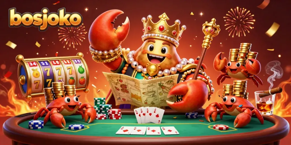Engage with dynamic gaming action on bosjoko featuring a golden crab emperor amidst vibrant slot reels and poker elements.