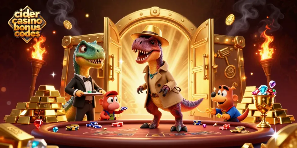 Experience thrilling gameplay with Cider Casino bonus codes in a vibrant 3D scene showcasing animated characters and golden treasures.