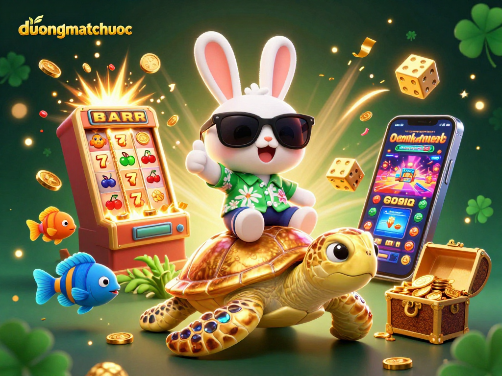 Experience thrilling duongmatchuoc action with a lucky rabbit and golden turtle in vibrant casino scene.