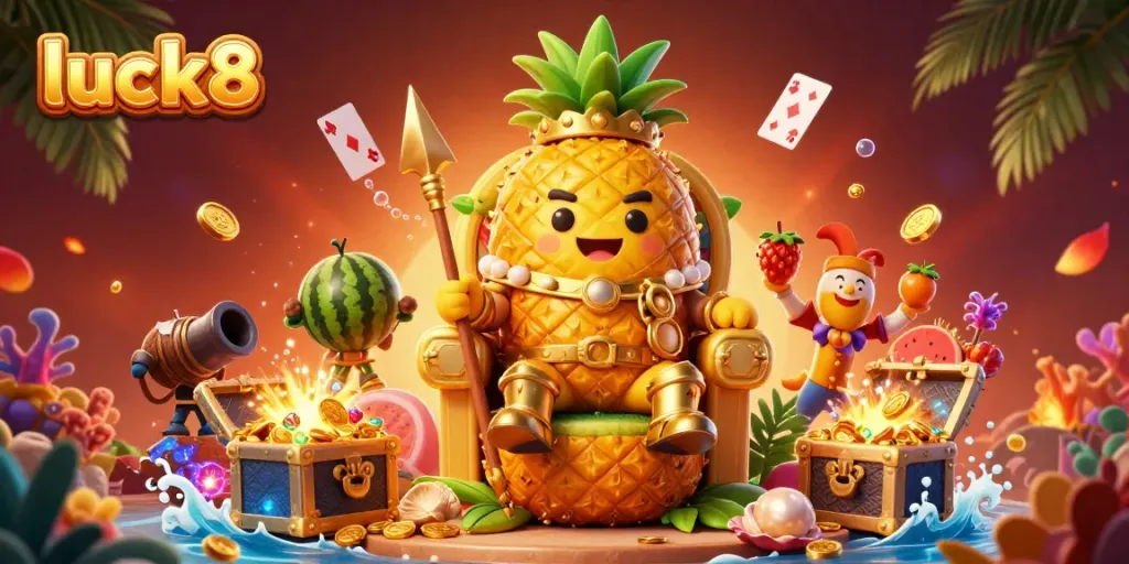 Experience luck8 with a vibrant casino scene featuring a golden pineapple king and treasures.