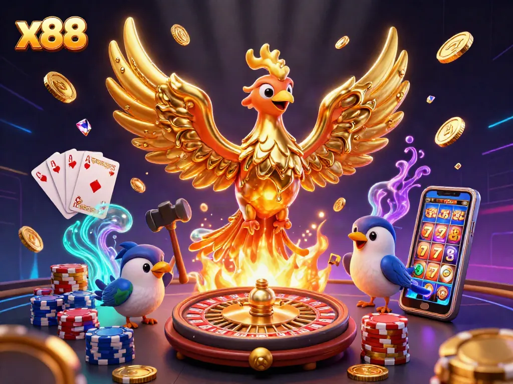 Experience the x88 golden phoenix soaring amidst cascading coins and vibrant casino elements in a thrilling digital illustration.