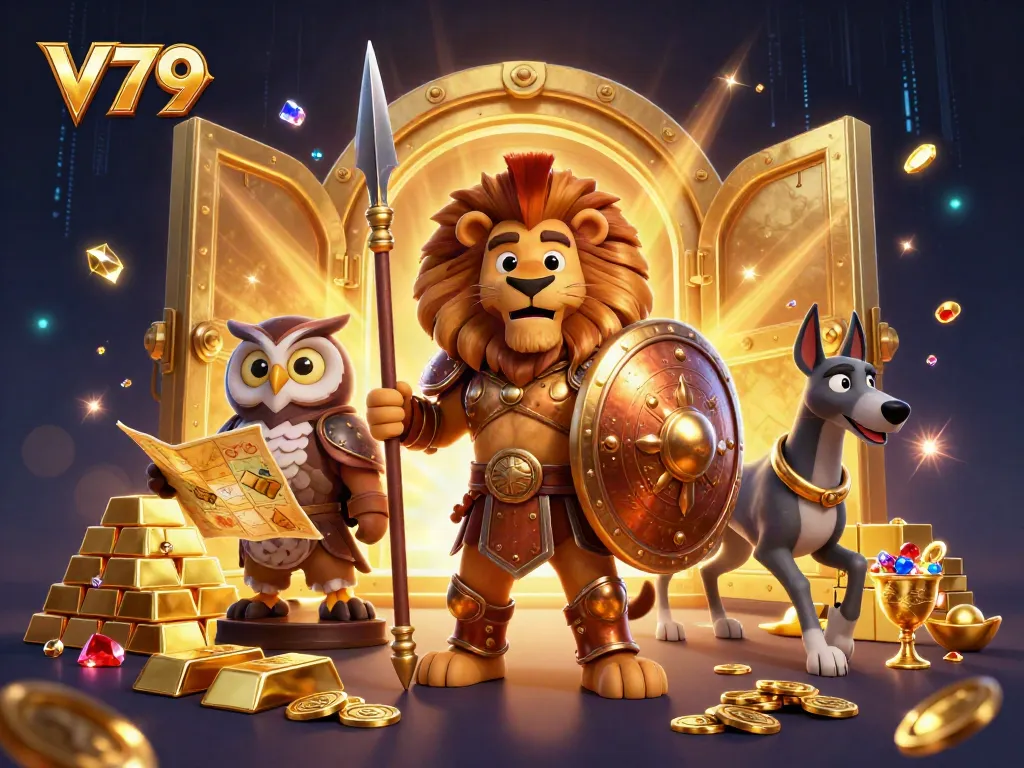 Engage with V79's dynamic gaming universe featuring golden treasures, a heroic lion, and strategic elements.