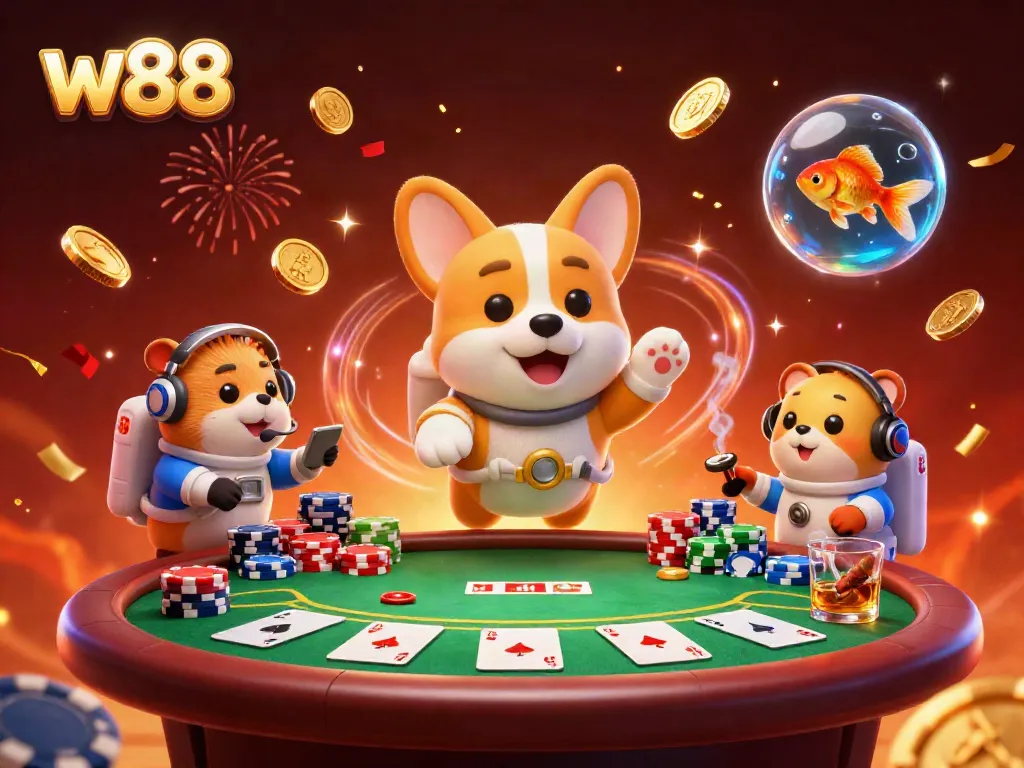 Experience thrill with w88 as a floating astronaut corgi enjoys a cosmic casino party.