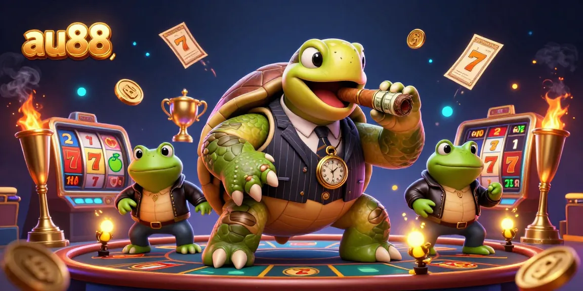 Bet big with au88 featuring a snapping turtle in a classy suit, surrounded by vibrant casino elements.