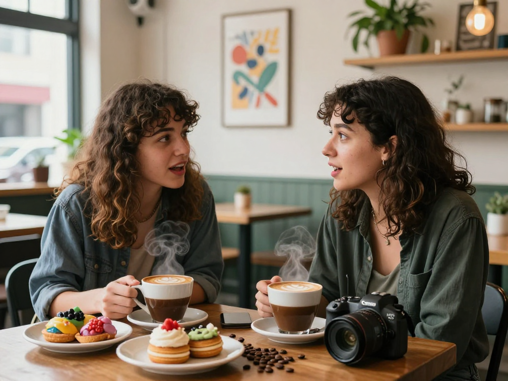 Friends enjoying a spicy chat over coffee, showcasing lively interactions in a cozy café.