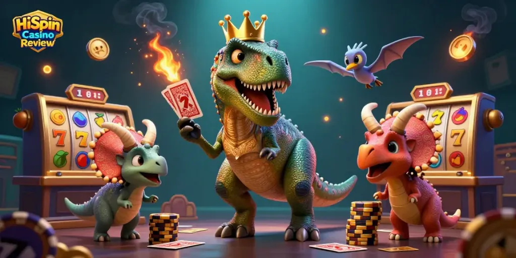 Engaging HiSpin Casino Review artwork showcasing a T-Rex and friendly dinosaurs amidst slot reels and vibrant casino elements.