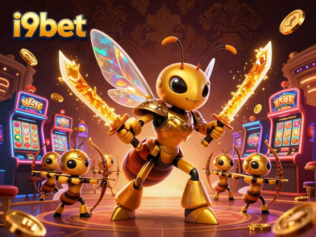 Experience the thrill of i9bet with a vibrant casino scene showcasing golden hornet warriors and dynamic slot reels.