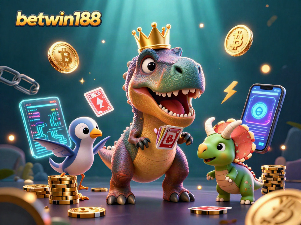 Betwin188 offers thrilling gameplay with a friendly T-Rex shuffling cards under oceanic lights.