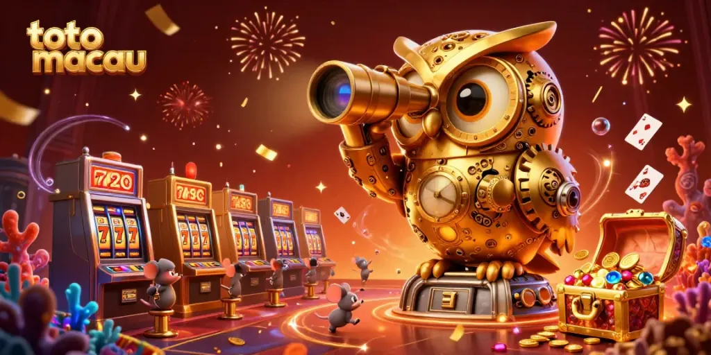 Permainan toto macau dengan karakter burung hantu emas yang sangat detail dan suasana kasino yang meriah.