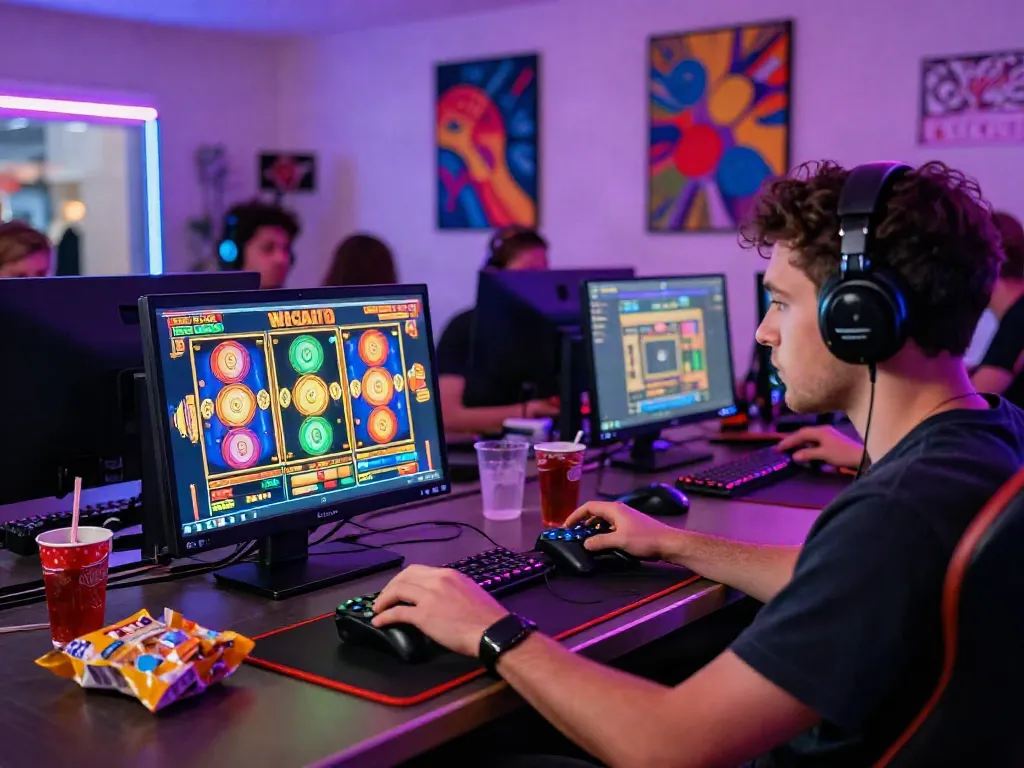 Engaged user playing slot online game on a laptop with colorful graphics and snacks.