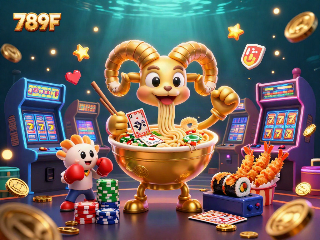 Engage in vibrant gaming activities at 789F, featuring dynamic characters in a colorful casino scene.