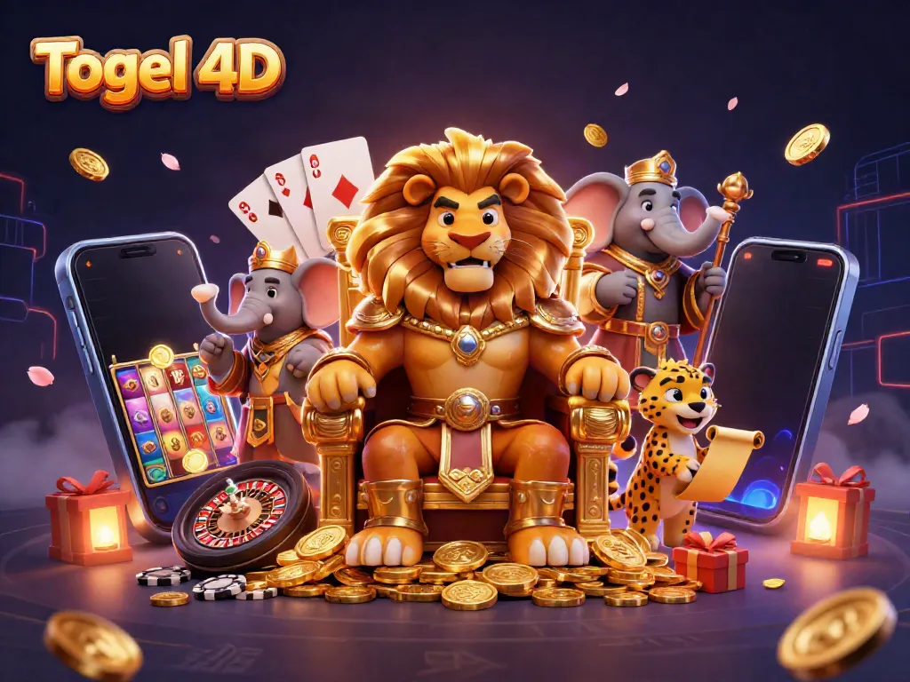 Ilustrasi Togel 4D menunjukkan singa raja, gajah penasihat, dan cheetah pembawa pesan di lingkungan kasino yang kaya hiasan