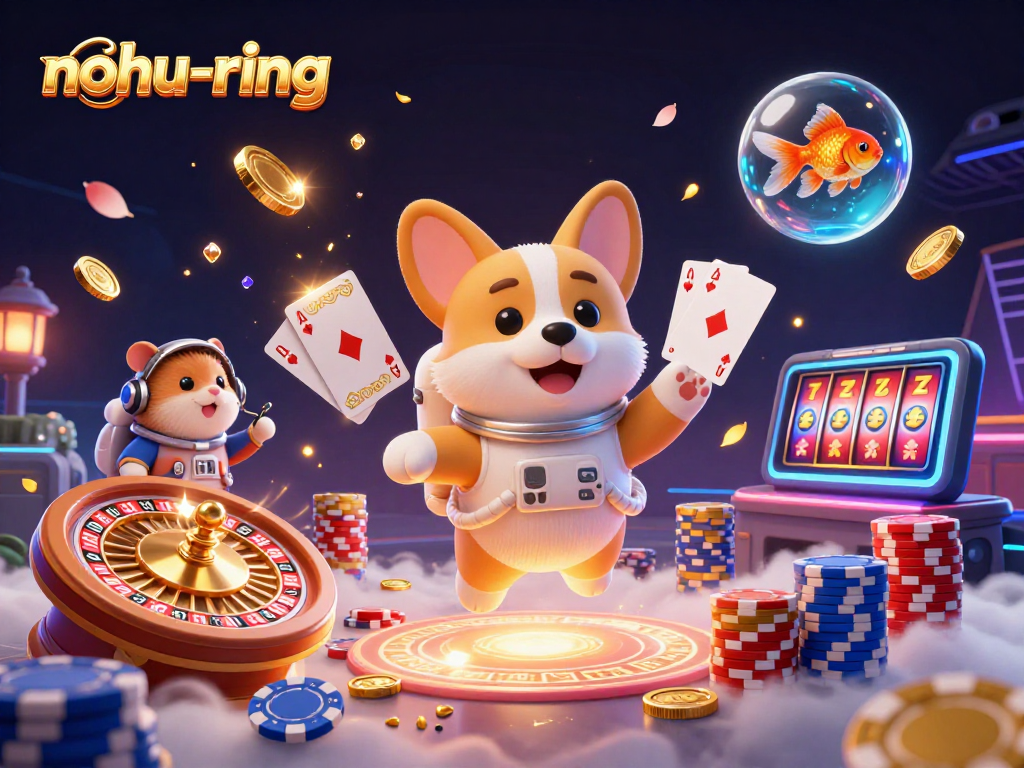 Engage with the nohu-ring jackpot game in a vibrant casino-themed space station scene with floating characters.