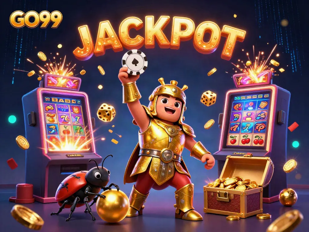 Experience the thrilling world of GO99 with stunning 3D characters lifting jackpot elements in a vibrant casino scene.