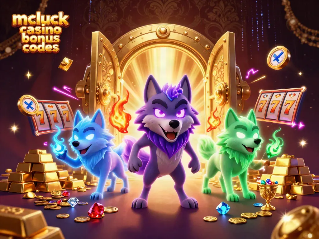 Experience mcluck casino bonus codes with a vibrant 3D fantasy scene bursting with treasures and casino elements.
